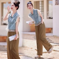 现货2024年夏季休闲/淑女新款女装韩版休闲牛仔蕾丝两件套套裤
