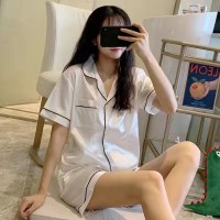 家居服冰丝睡衣女夏季开衫短袖方钻纽扣丝绸气质女士甜美