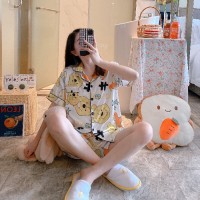 IceSilkSSPajamas睡衣女冰丝开衫夏季短袖短裤卡通家居服套装