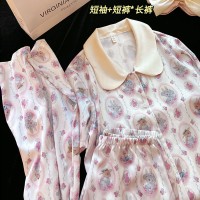 冰丝睡衣女夏季带胸垫2024新款可爱兔子薄款短袖丝绸三件套家居服
