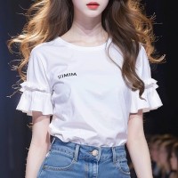 2024年夏季新款女别致绝美独特上衣超好看白色字母荷叶边短袖T恤