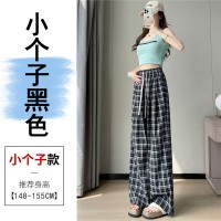 2024夏季新款黑白格子阔腿裤女高腰宽松垂感直筒仿麻拖地长裤女