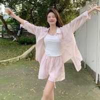 现货2024夏季新款韩版防晒衣衬衫吊带背心气质短裤三件套