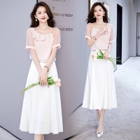 夏装2024新款新中式花边V领小清新衬衣搭配显瘦A字半身裙套装