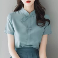 新中式GU潮风上衣浅蓝色棉麻衬衫女夏季今年流行漂亮盘扣短袖上衣