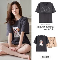 新款睡衣女短袖短裤带胸垫套装夏季韩版学生甜美可爱卡通家居服