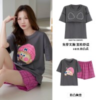 新款睡衣女短袖短裤带胸垫套装夏季韩版学生甜美可爱卡通家居服