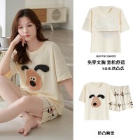 新款睡衣女短袖短裤带胸垫套装夏季韩版学生甜美可爱卡通家居服