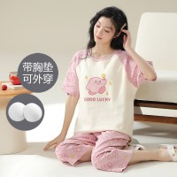 薄款棉质睡衣女夏季带胸垫短袖七分裤可外穿卡通甜美家居服套装女