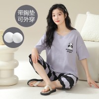 薄款棉质睡衣女夏季带胸垫短袖七分裤可外穿卡通甜美家居服套装女