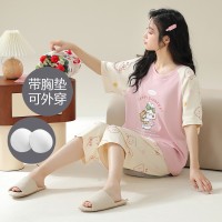 薄款棉质睡衣女夏季带胸垫短袖七分裤可外穿卡通甜美家居服套装女