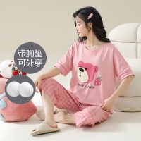 薄款棉质睡衣女夏季带胸垫短袖七分裤可外穿卡通甜美家居服套装女