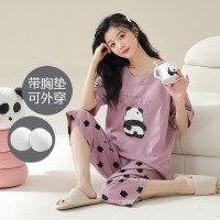 薄款棉质睡衣女夏季带胸垫短袖七分裤可外穿卡通甜美家居服套装女