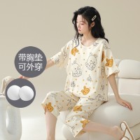 薄款棉质睡衣女夏季带胸垫短袖七分裤可外穿卡通甜美家居服套装女