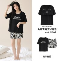 睡衣女款夏季自带胸垫短袖纯棉短裤女士夏天薄款家居服可外穿大码