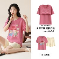 睡衣女款夏季自带胸垫短袖纯棉短裤女士夏天薄款家居服可外穿大码