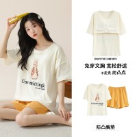 睡衣女款夏季自带胸垫短袖纯棉短裤女士夏天薄款家居服可外穿大码