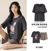 睡衣女款夏季自带胸垫短袖纯棉短裤女士夏天薄款家居服可外穿大码