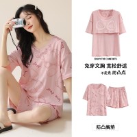 睡衣女款夏季自带胸垫短袖纯棉短裤女士夏天薄款家居服可外穿大码