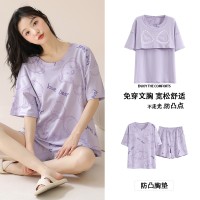 睡衣女款夏季自带胸垫短袖纯棉短裤女士夏天薄款家居服可外穿大码