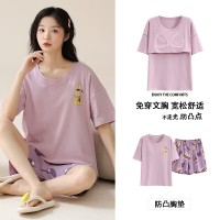 睡衣女款夏季自带胸垫短袖纯棉短裤女士夏天薄款家居服可外穿大码