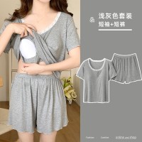 带胸垫夏季睡衣女款莫代尔圆领休闲简约短袖套装家居服可外穿学生