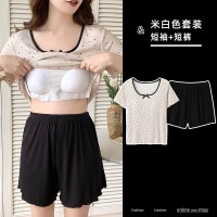 带胸垫夏季睡衣女款莫代尔圆领休闲简约短袖套装家居服可外穿学生
