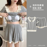 带胸垫夏季睡衣女款莫代尔圆领休闲简约短袖套装家居服可外穿学生