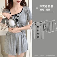 带胸垫夏季睡衣女款莫代尔圆领休闲简约短袖套装家居服可外穿学生
