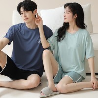夏季新款情侣短袖短裤莫代尔睡衣夏天男士套装女士简约宽松家居服