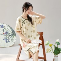 2024古风短袖睡裙女夏季新中式女士睡衣夏款仿棉薄款家居服可外穿