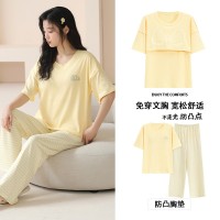带胸垫夏季睡衣女夏款女士纯棉女款短袖长裤套装亲柔家居服春秋款