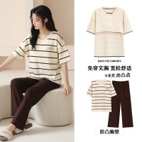 带胸垫夏季睡衣女夏款女士纯棉女款短袖长裤套装亲柔家居服春秋款
