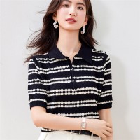 冰丝针织短袖T恤女2024夏季宽松显瘦polo衫条纹上衣