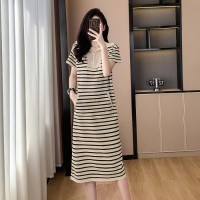 polo领条纹针织连衣裙女春夏宽松慵懒风直筒休闲长款t恤裙子