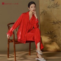新中式长袖缎面薄款睡衣套装冰丝民族风家居服春夏可外穿睡衣女