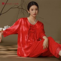 新中式高级感缎面女士家居服七分袖春夏睡衣套装可外穿民族风睡衣